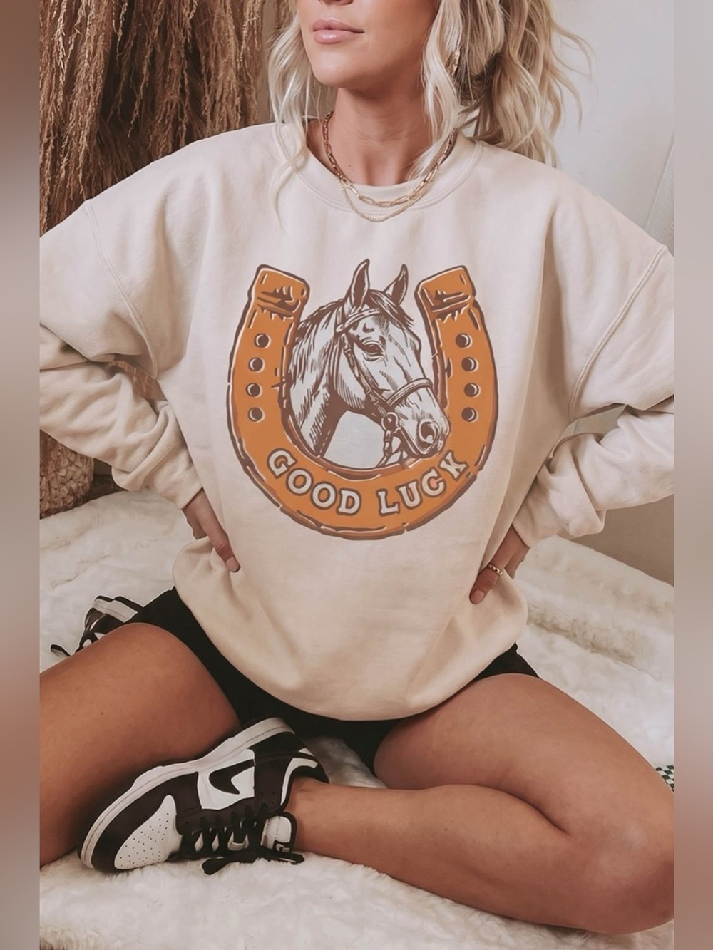 GOOD LUCK Western Horse Print Oversized Pullover Sweatshirt